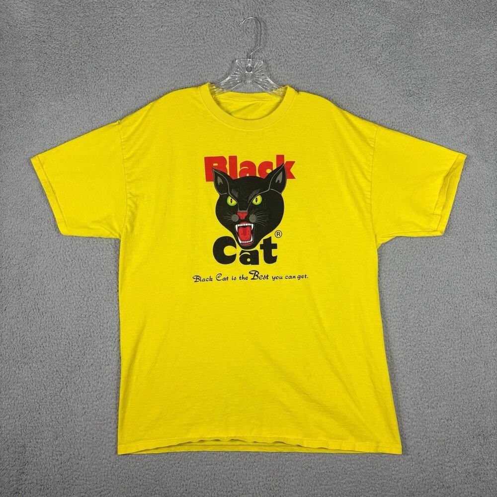 Vtg Black Cat Firework T Shirt Men’s XL Yellow Grunge Rock Retro Casual